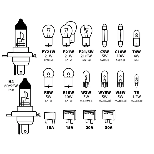 Spare lamps kit 19 pcs, 12V - 2xH4 P43 halogen