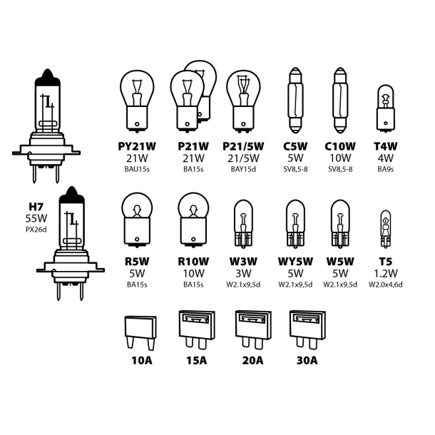 Kit becuri si sigurante 19buc, 12V - halogen 2xH7