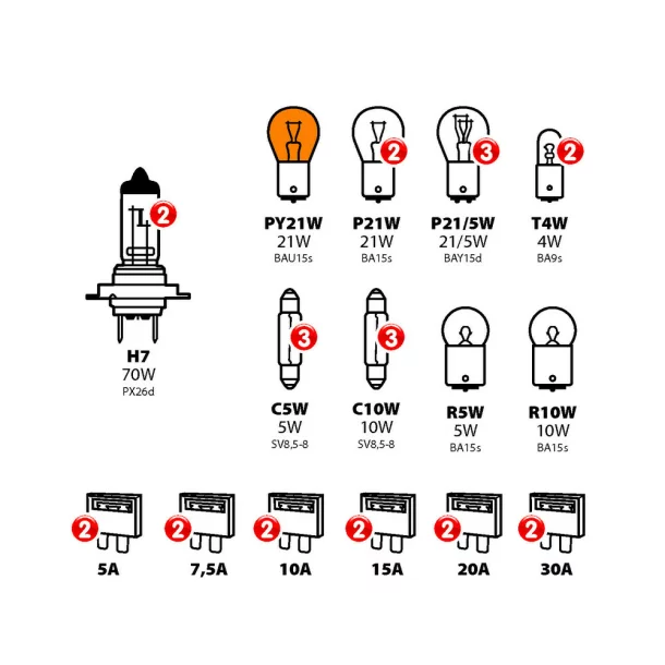 Kit becuri si sigurante 30buc, 24V - halogen 2xH7