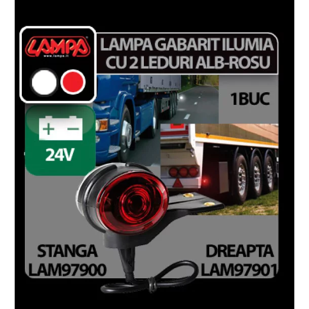 Ilumia 2 LED-es méret helyzetjelző kamionra - 24V - Fehér/Piros - Jobb oldali