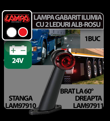 Ilumia 2 LED-es méret helyzetjelző kamionra 60° karral - 24V - Fehér/Piros - Bal oldali thumb