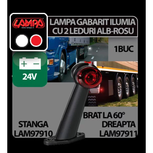 Lampa gabarit camion Ilumia cu brat 60° - cu 2 LED-uri 24V - Alb/Rosu - Stanga