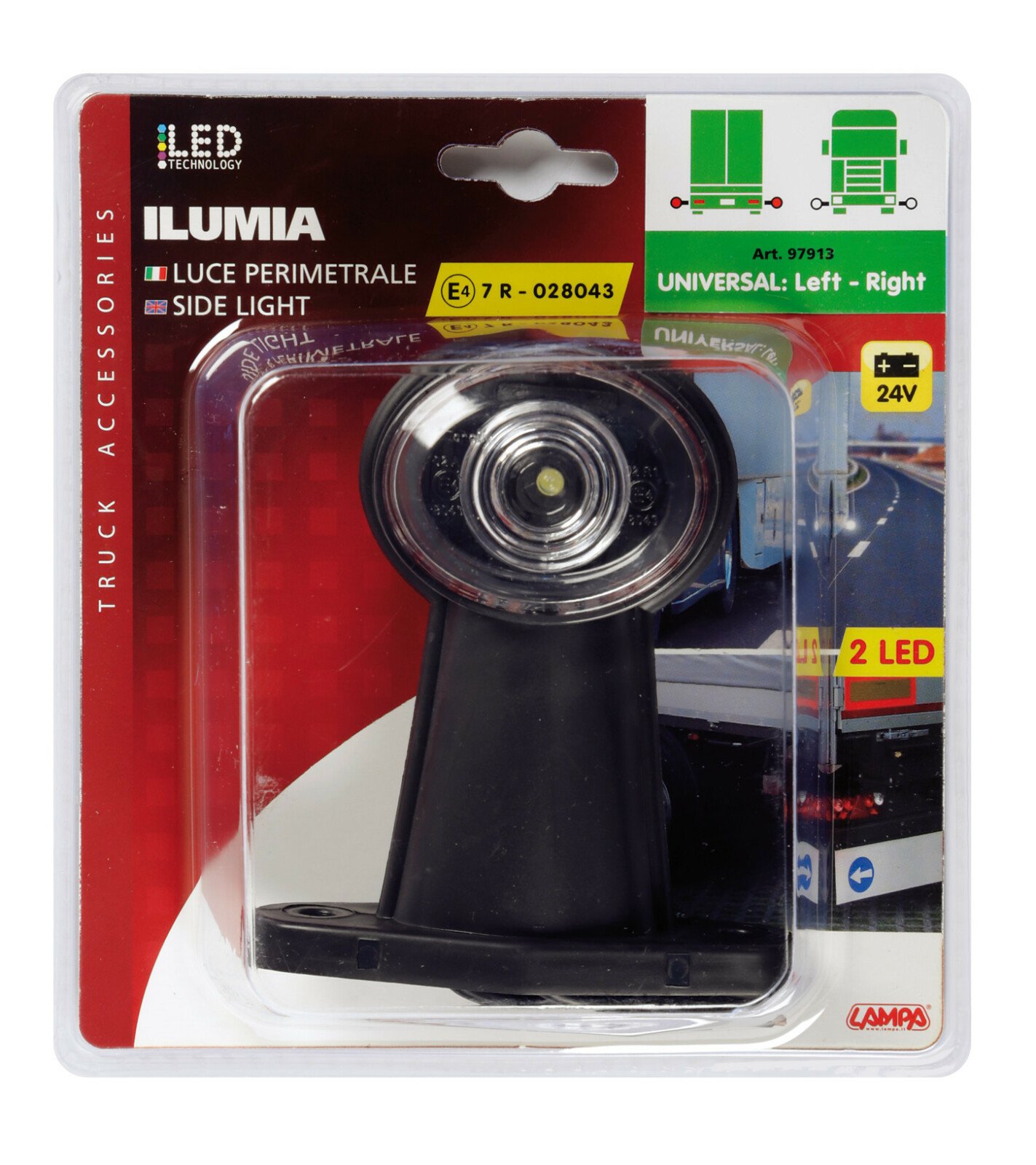 Ilumia 2 LED-es méret helyzetjelző kamionra rövid karral - 24V - Fehér/Piros - Bal oldali thumb