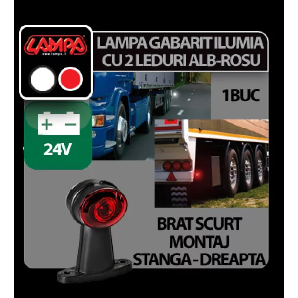 Ilumia 2 LED-es méret helyzetjelző kamionra rövid karral - 24V - Fehér/Piros - Bal oldali