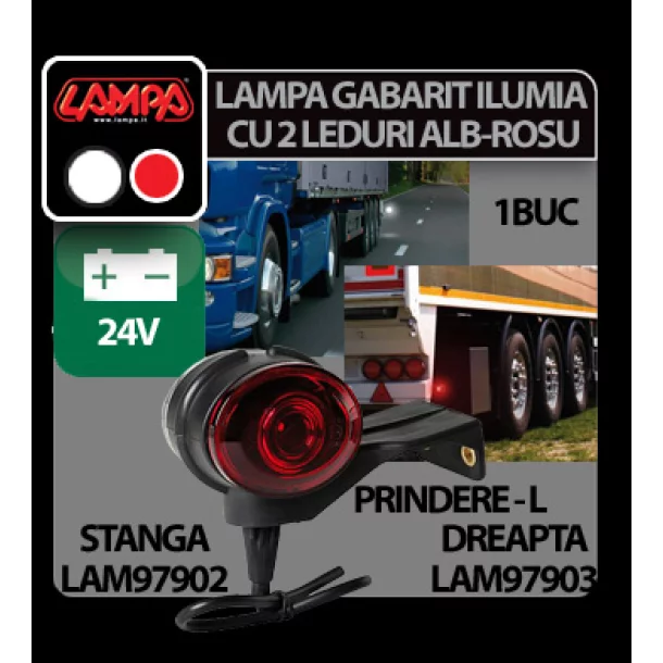 Lampa gabarit camion Ilumia cu prindere L - 2 LED-uri 24V - Alb/Rosu - Dreapta