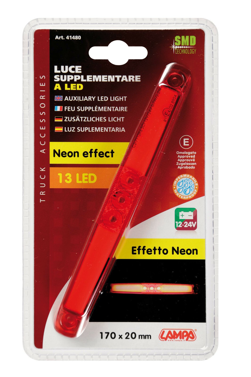 Kiegészítő helyzetjelző lámpa 13LED Neon Effect 170x20mm 12/24V - Piros thumb