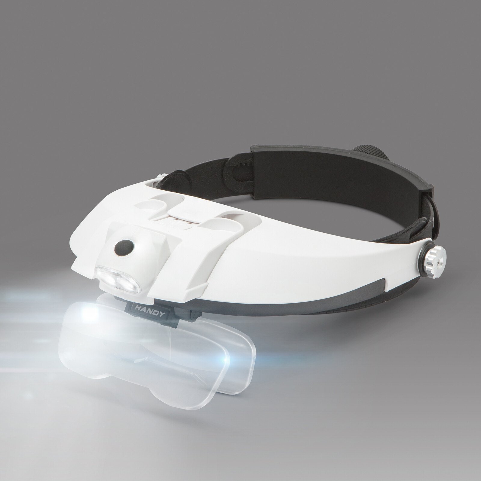 Headband magnifying glass with LED light, with double lens thumb