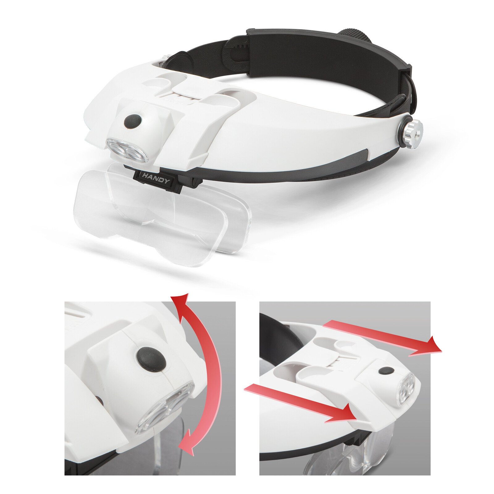 Headband magnifying glass with LED light, with double lens thumb