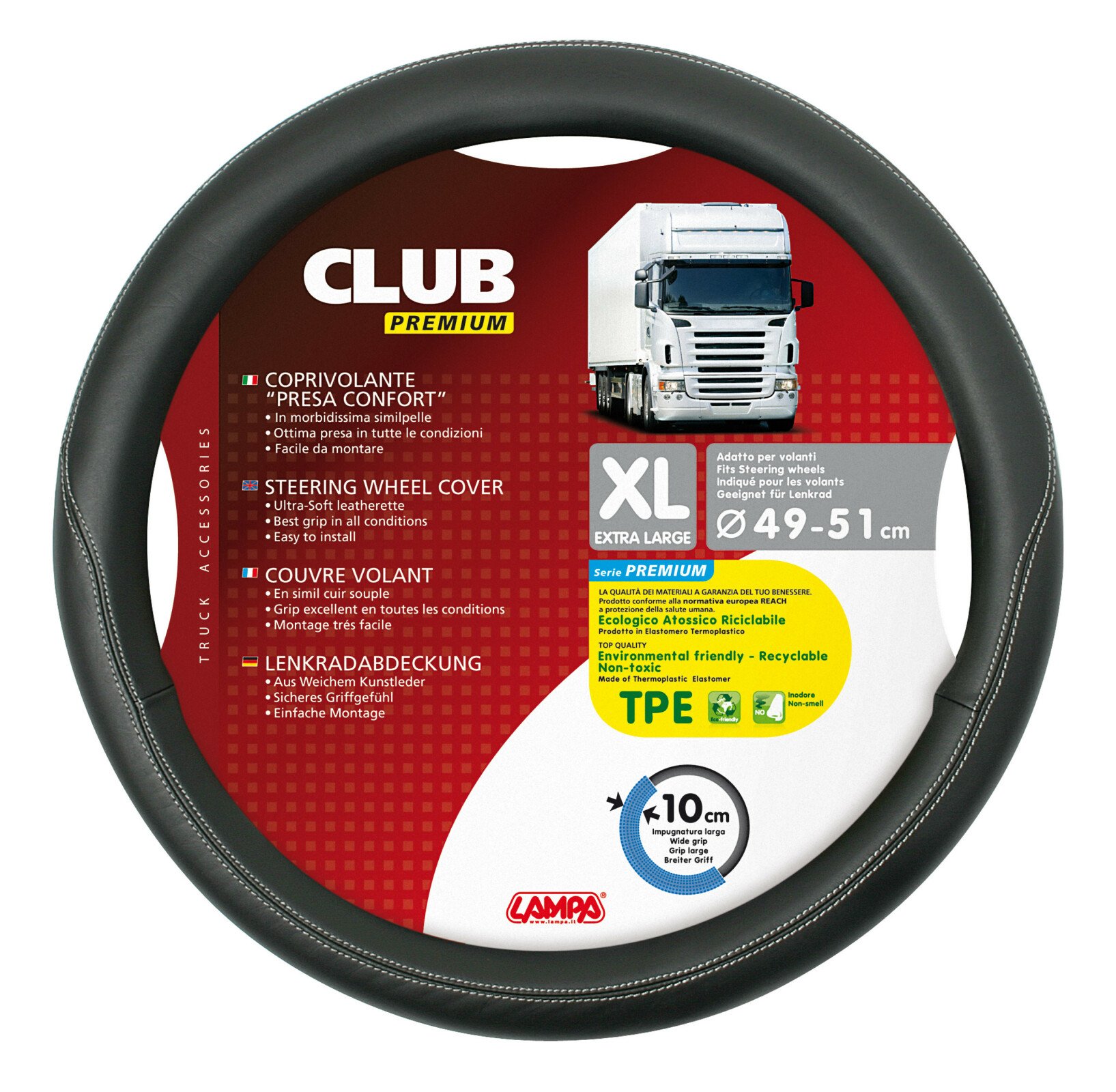 Club, comfort grip steering wheel cover - XL - Ø 49/51cm - Black thumb