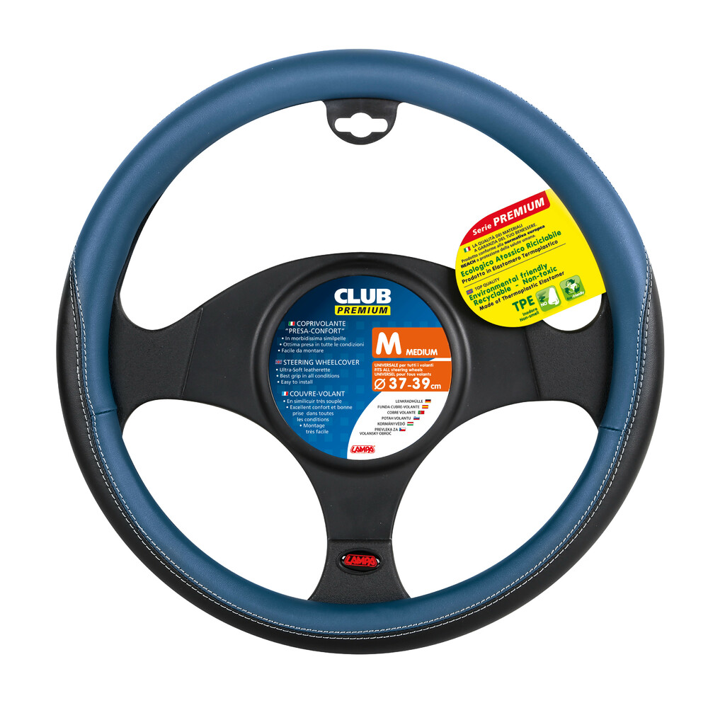 Club, TPE steering wheel cover - M - Ø 37/39 cm - Black/Blue thumb