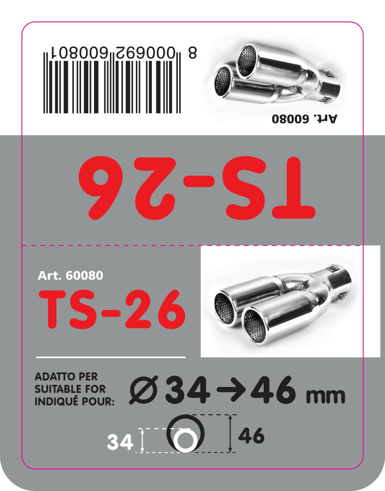 TS-26 Kipufugóvég dísz dupla, polírozott rozsdamentes acél, sporthangzás, csatlakozás Ø34-46mm thumb