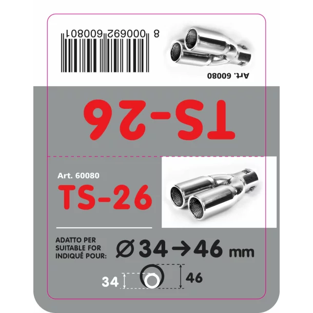 TS-26 Kipufugóvég dísz dupla, polírozott rozsdamentes acél, sporthangzás, csatlakozás Ø34-46mm