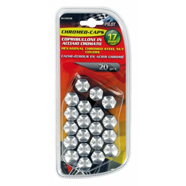 Hexagonal chromed steel nut caps, 20pcs - Hex 17mm - Chrome