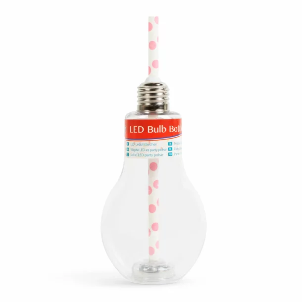 Világító LED-es party pohár - papír szívószállal - izzókörte, átlátszó - 400 ml