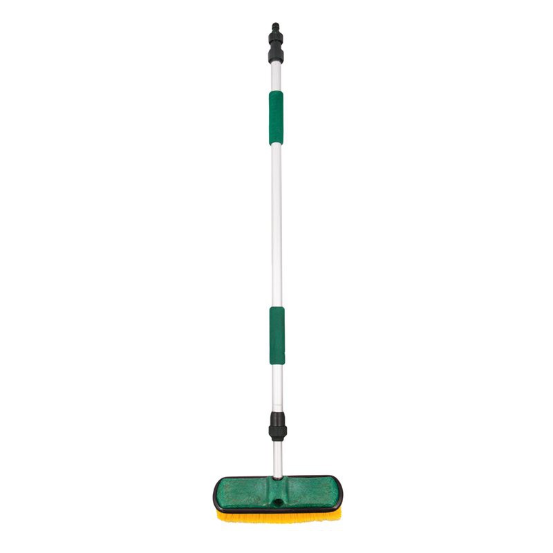 Washing brush with telescopic handle and connection to water thumb