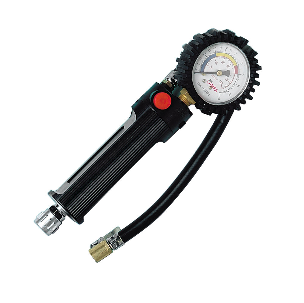 Tyre inflator with 270° gauge thumb