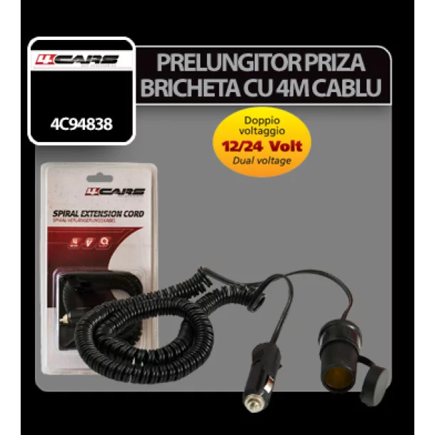 Prelungitor priza bricheta cu 4m cablu 12-24V 4Cars