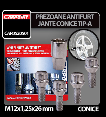 Anti-theft wheel bolts kit 4pcs conical M12x1,25mm - Type A thumb