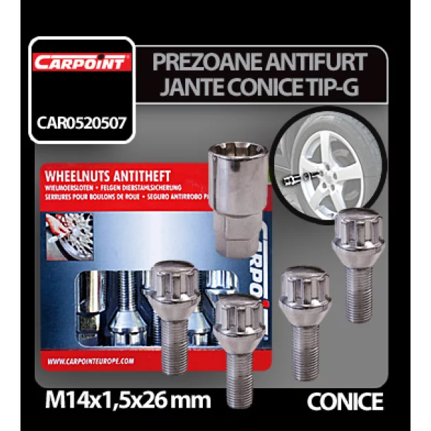 Prezoane antifurt jante conice M14x1,5mm 4buc - Tip G