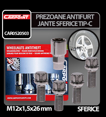 Anti-theft wheel bolts kit 4 pcs spherical - Type C thumb