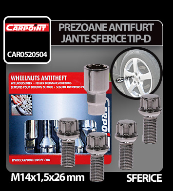 Anti-theft wheel bolts kit 4 pcs spherical - Type D thumb