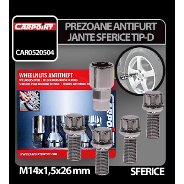 Anti-theft wheel bolts kit 4 pcs spherical - Type D