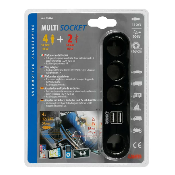 Multi-Socket 4+2, négyes aljzat elosztó szivargyújtóhoz USB-vel - 12/24V