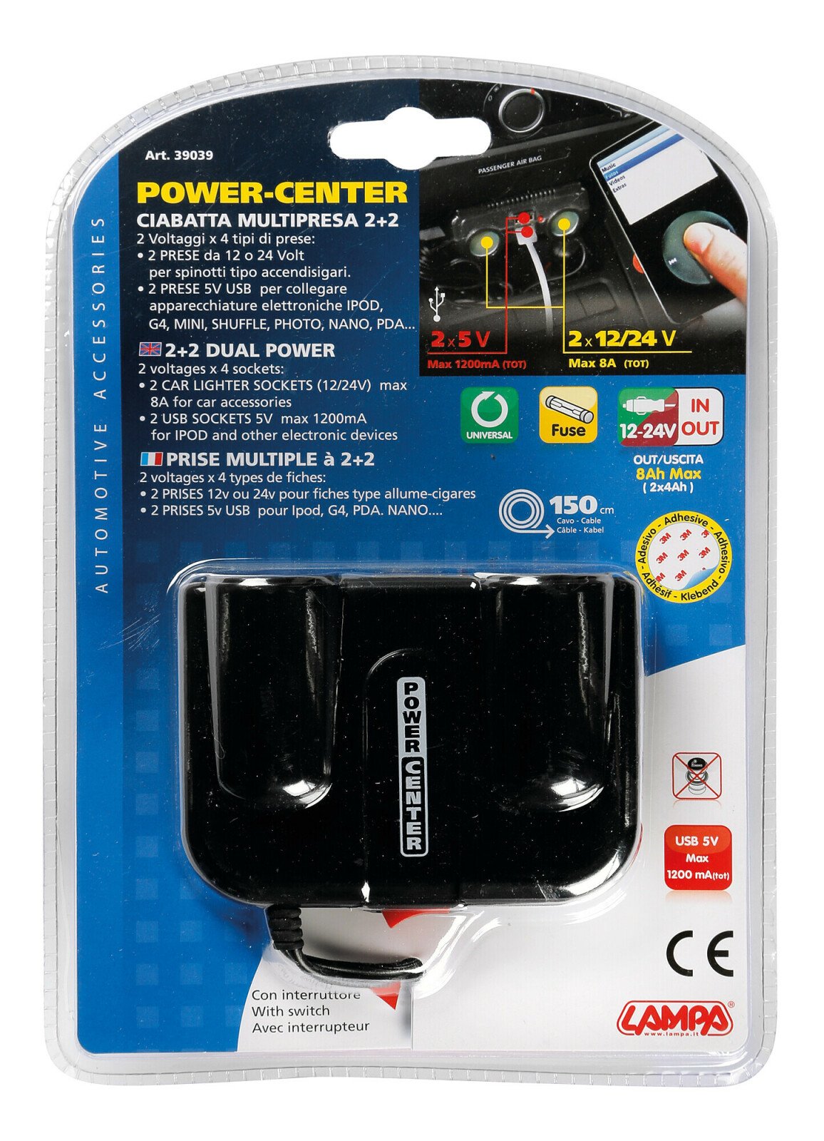 Power Center, double socket 12/24V + USB thumb