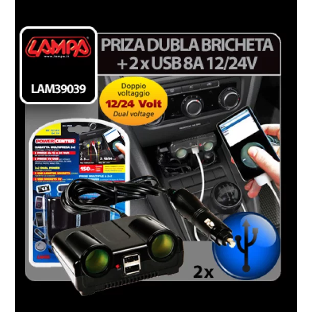 Priza dubla bricheta cu 2xUSB 8A 12/24V