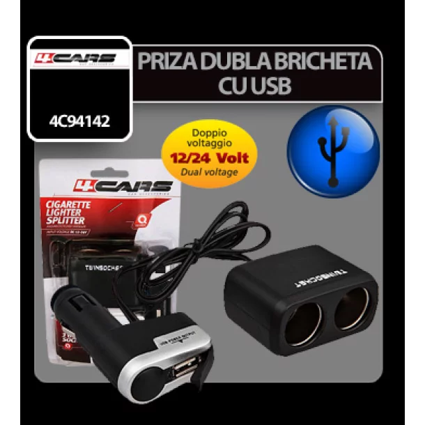 Priza dubla bricheta cu USB 12/24V 4Cars