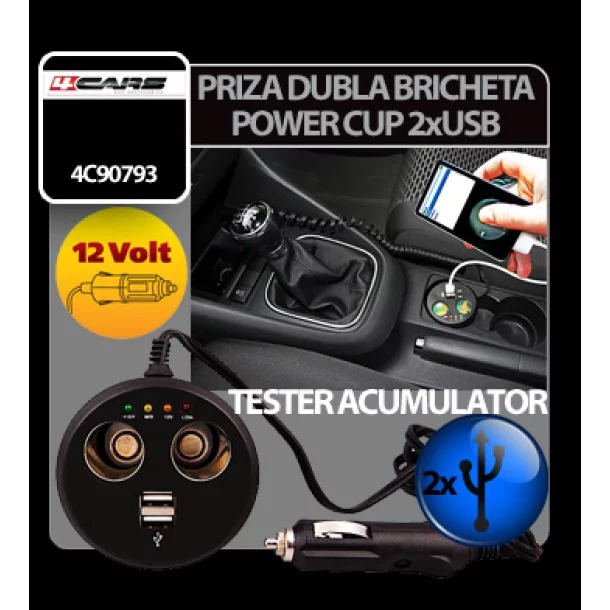 4Cars Power Cup 2-es elosztó (2 USB-vel) szivargyújtóhoz - 12V-os