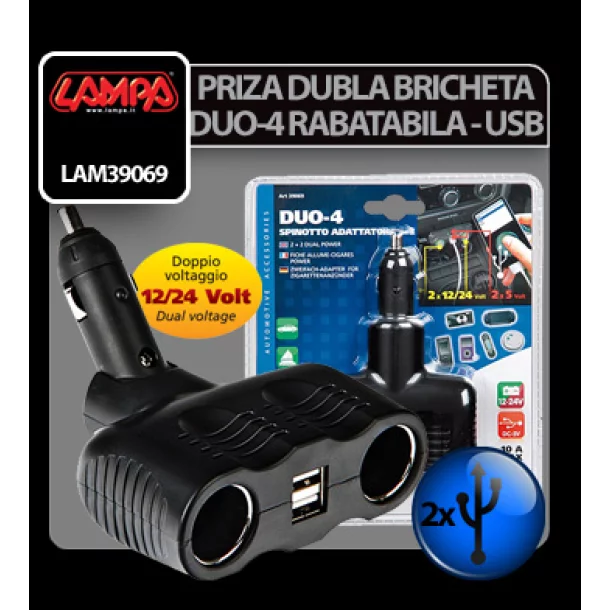 Duo-4, double socket 12/24V + USB