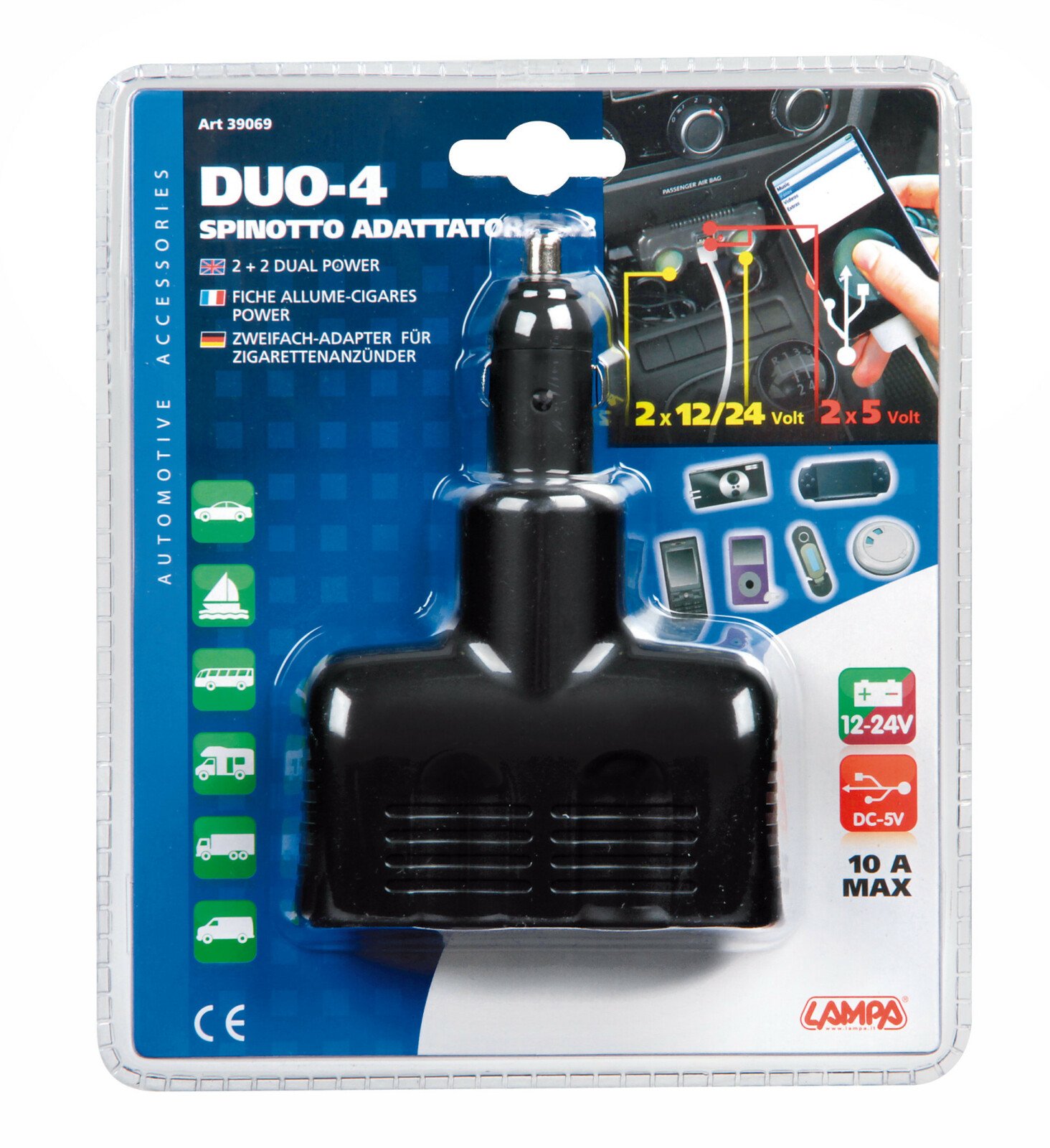 Duo-4 2-es elosztó (2 USB-vel) szivargyújtóhoz - 12/24V-os thumb