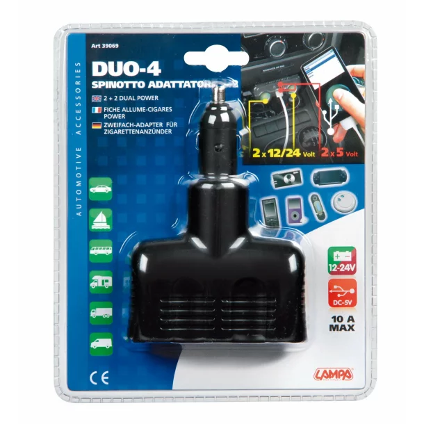 Duo-4 2-es elosztó (2 USB-vel) szivargyújtóhoz - 12/24V-os
