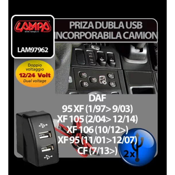 Priza dubla USB incorporabila 12/24V camion - Daf