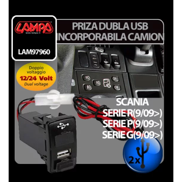 Priza dubla USB incorporabila 12/24V camion - Scania