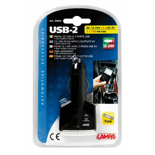 Elosztó 2 USB-vel szivargyújtóhoz 1000mA, 12/24V