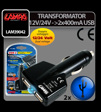 Elosztó 2 USB-vel szivargyújtóhoz 1000mA, 12/24V thumb