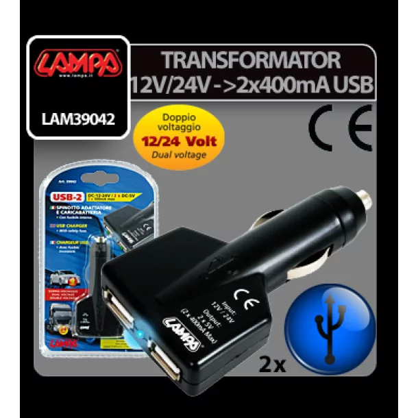 Elosztó 2 USB-vel szivargyújtóhoz 1000mA, 12/24V
