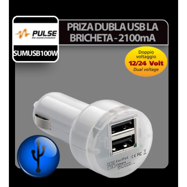 Dupla USB szivargyújtó aljzat 12 / 24V - 2100 mA Pulse - Fehér