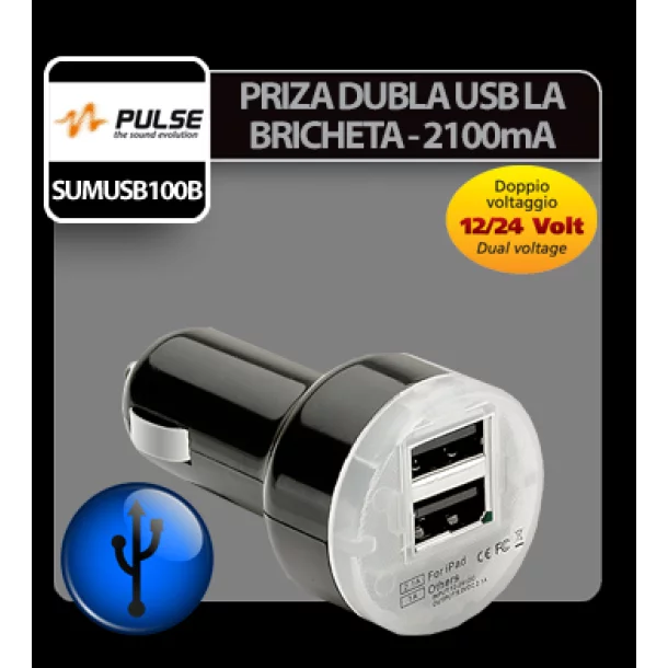 Priza dubla USB la bricheta 12/24V - 2100 mA Pulse - Negru