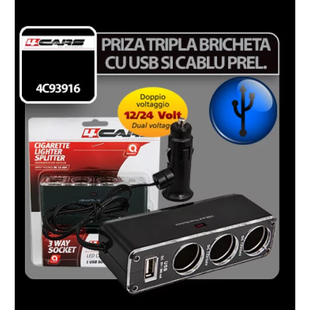 Priza tripla bricheta cu USB si cablu prelungitor 12/24V 4Cars