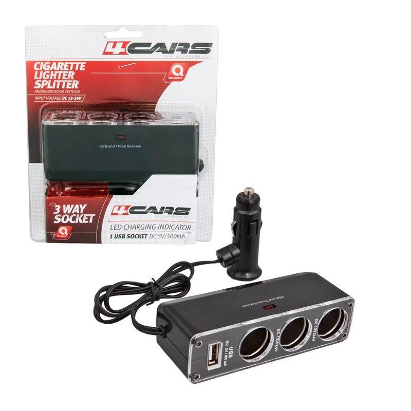 4Cars 3-es elosztó szivargyújtóhoz USB-vel és hosszabbítóval - 12/24V-os thumb