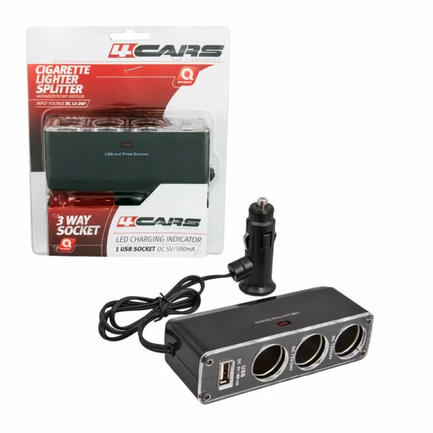 4Cars 3-es elosztó szivargyújtóhoz USB-vel és hosszabbítóval - 12/24V-os