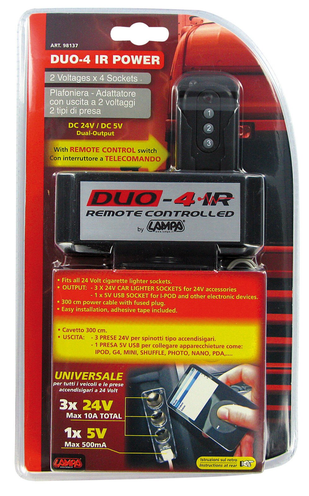 3-es elosztó szivargyújtóhoz USB-vel és távirányítóval Duo-4 IR 24V thumb