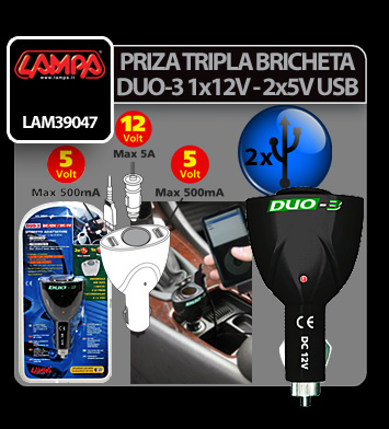 Duo-3 3-as elosztó (2 USB-vel) szivargyújtóhoz - 12V-os thumb