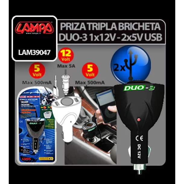 Priza tripla bricheta Duo-3 12V + USB