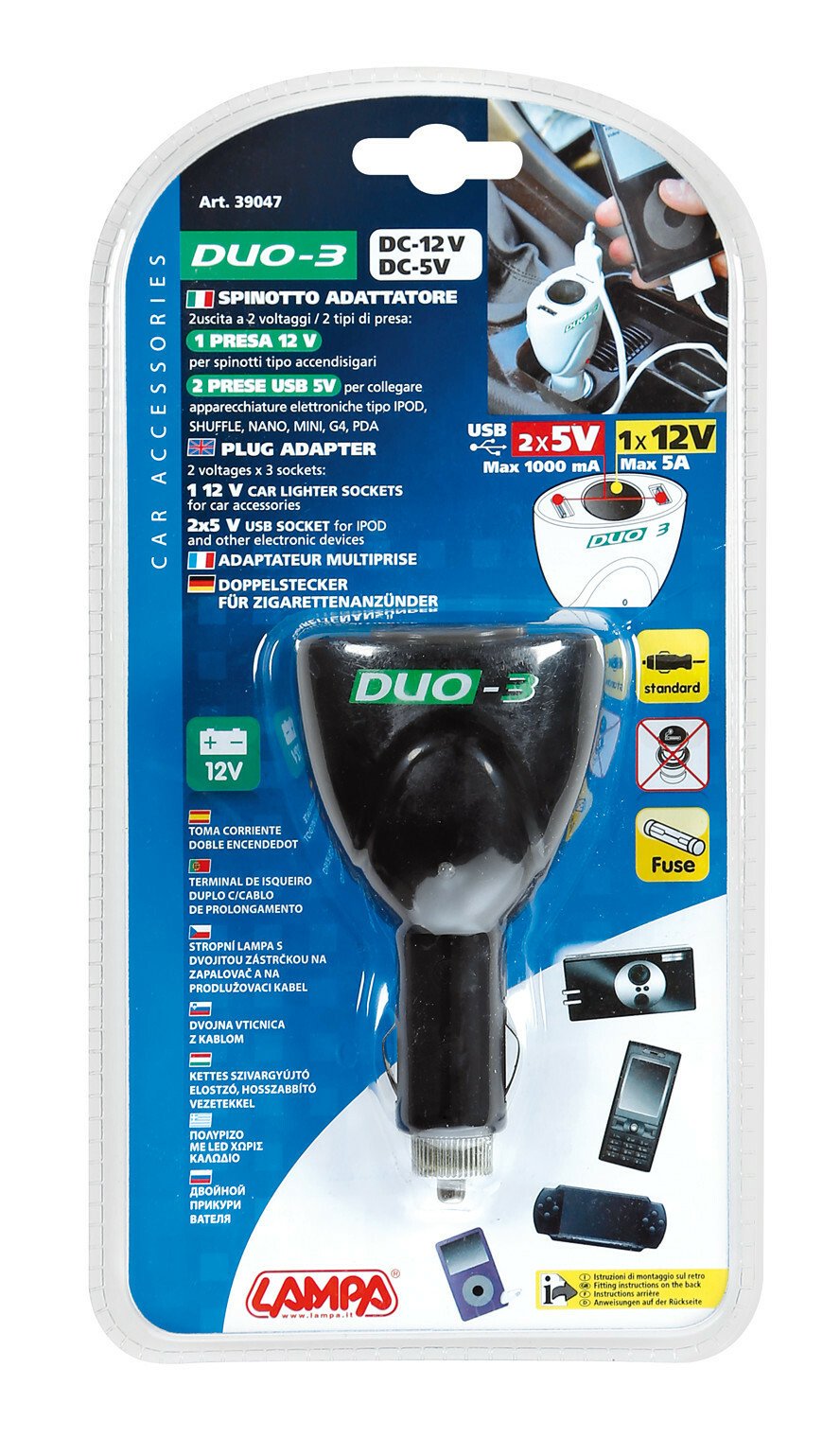 Duo-3 3-as elosztó (2 USB-vel) szivargyújtóhoz - 12V-os thumb
