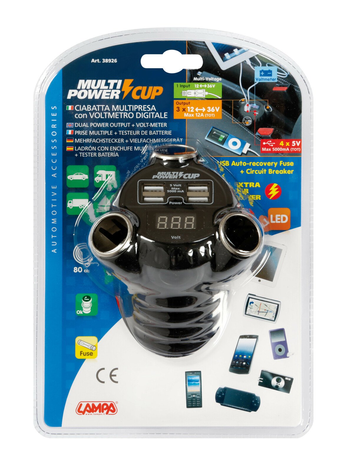 Multi-Power Cup, 3 sockets + 4 USB and voltmeter, 12/24/36V thumb