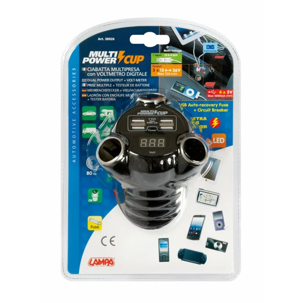 Multi-Power Cup, 3 sockets + 4 USB and voltmeter, 12/24/36V